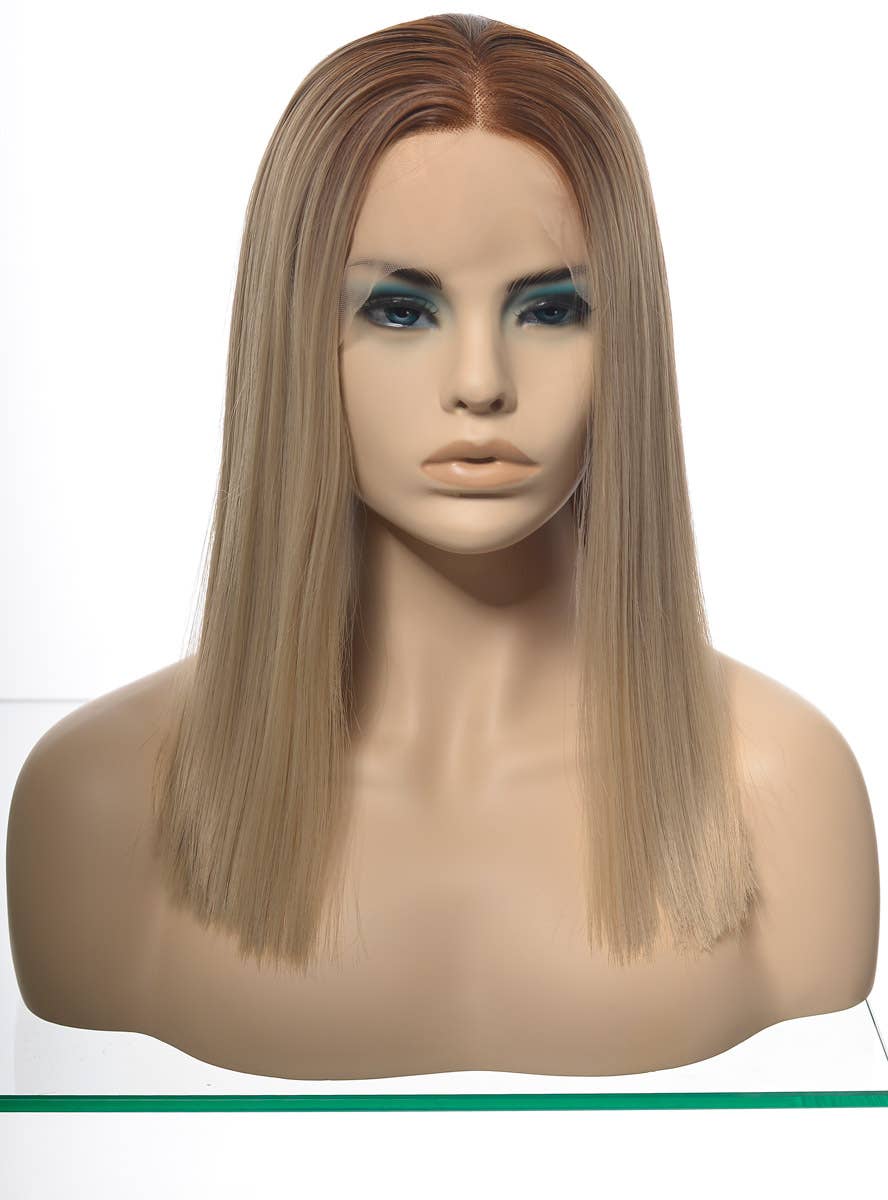 Womens Straight Mid Length Blunt Cut Blonde Synthetic Fashion Wig with Brown Roots and T-Part Lace Front - Dummy Front Image