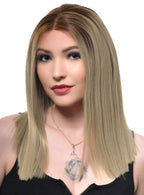 Womens Straight Mid Length Blunt Cut Blonde Synthetic Fashion Wig with Brown Roots and T-Part Lace Front - Front Image