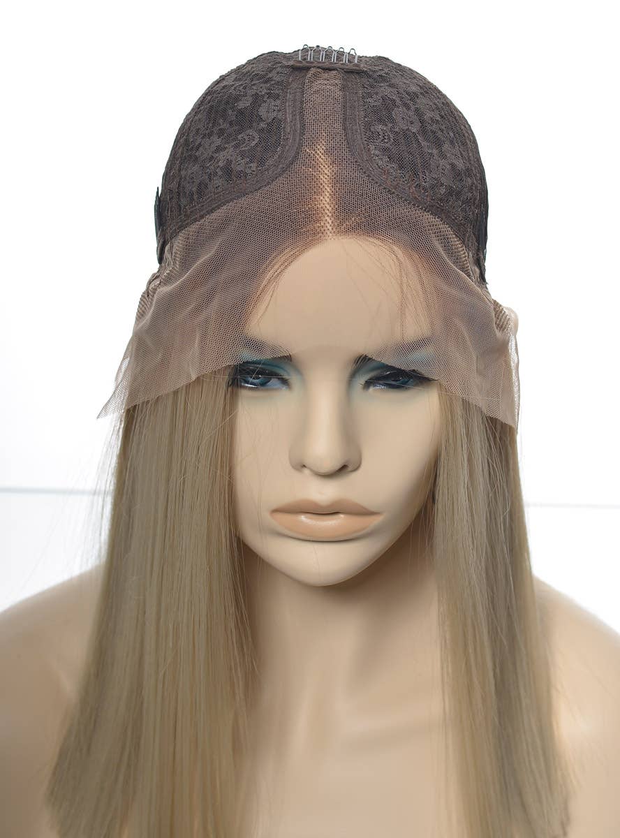 Womens Straight Mid Length Blunt Cut Blonde Synthetic Fashion Wig with Brown Roots and T-Part Lace Front - Inside Cap Image