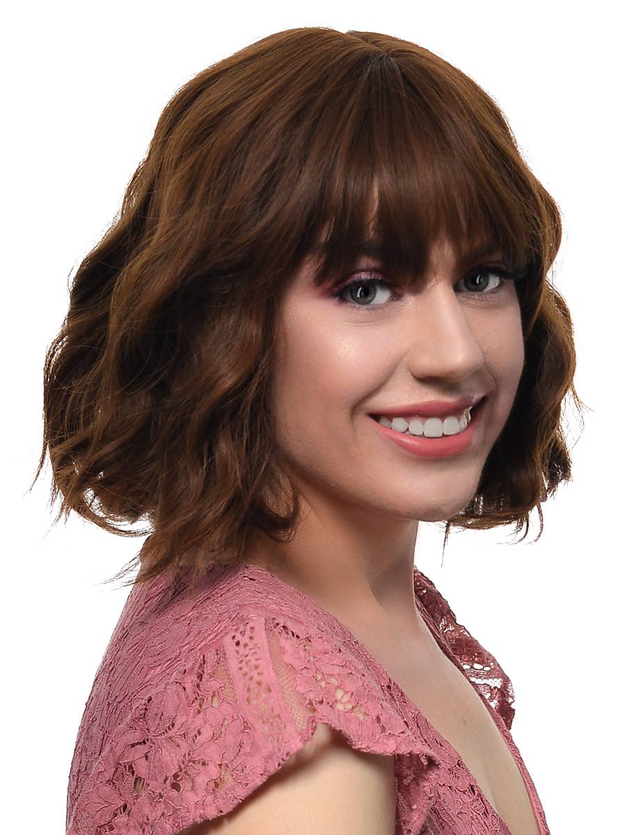 Women's Short Rich Brown Bob Wig with Loose Waves and Fringe - Side Image