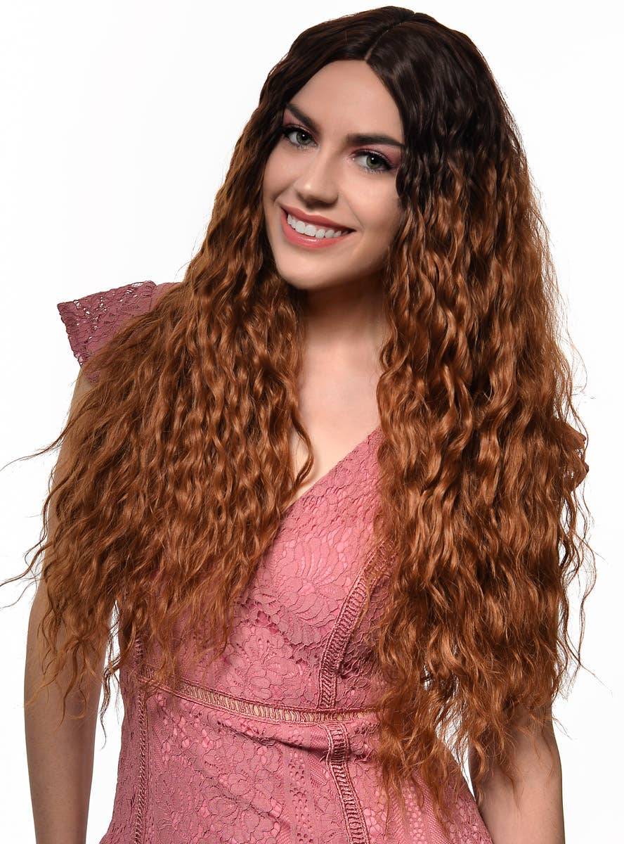 Women's Long Ginger Synthetic Fashion Wig with Dark Roots and Tight Waves - Alternate Front Image