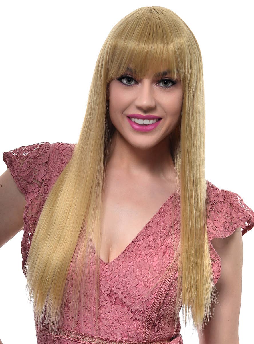 Women's Golden Blonde Straight Synthetic Fashion Wig with Front Fringe - Front Image