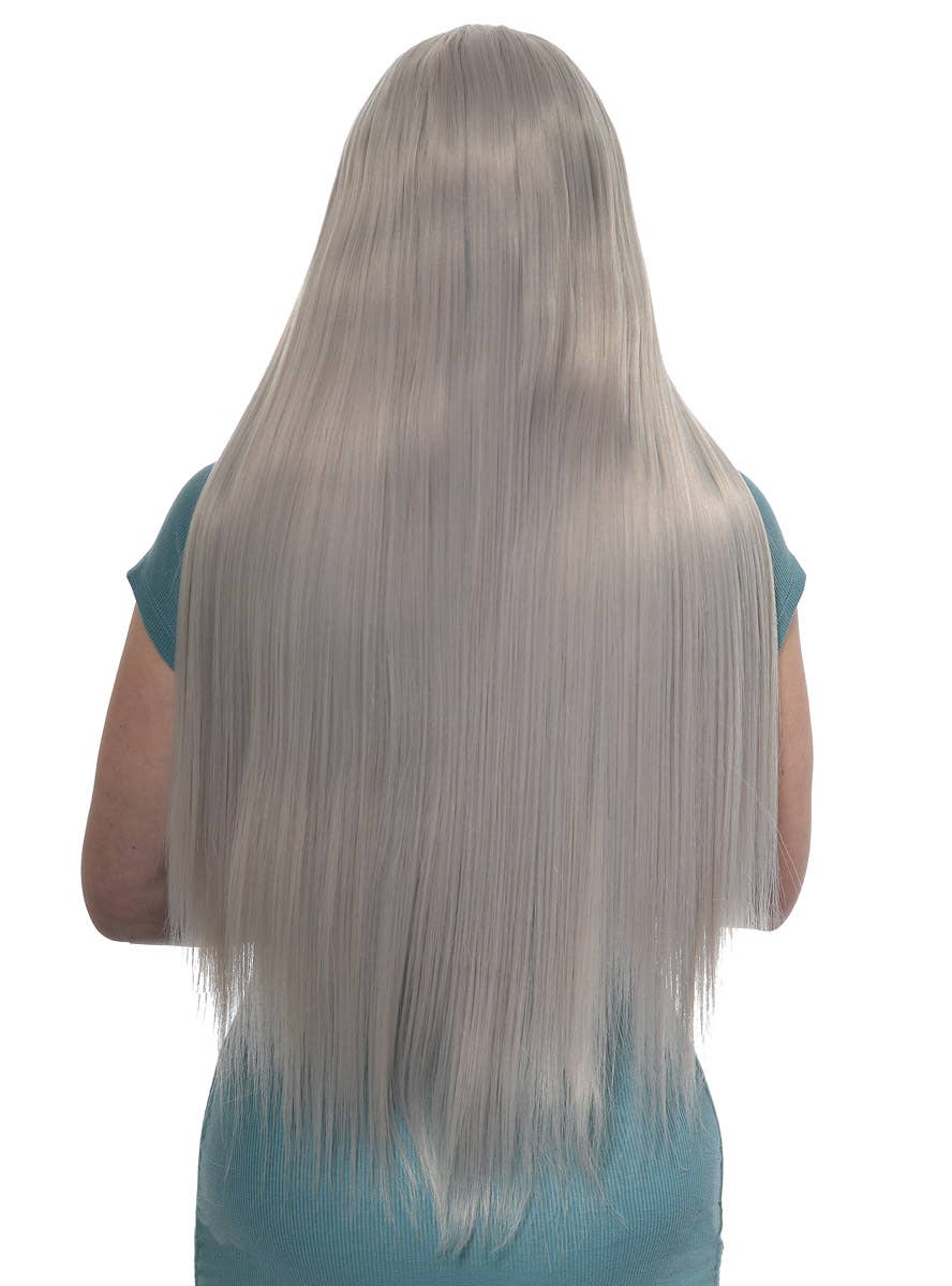 Silver Grey Women's Extra Long Synthetic Fashion Wig with Lace Part - Back Image