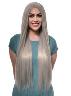 Silver Grey Women's Extra Long Synthetic Fashion Wig with Lace Part - Front Image