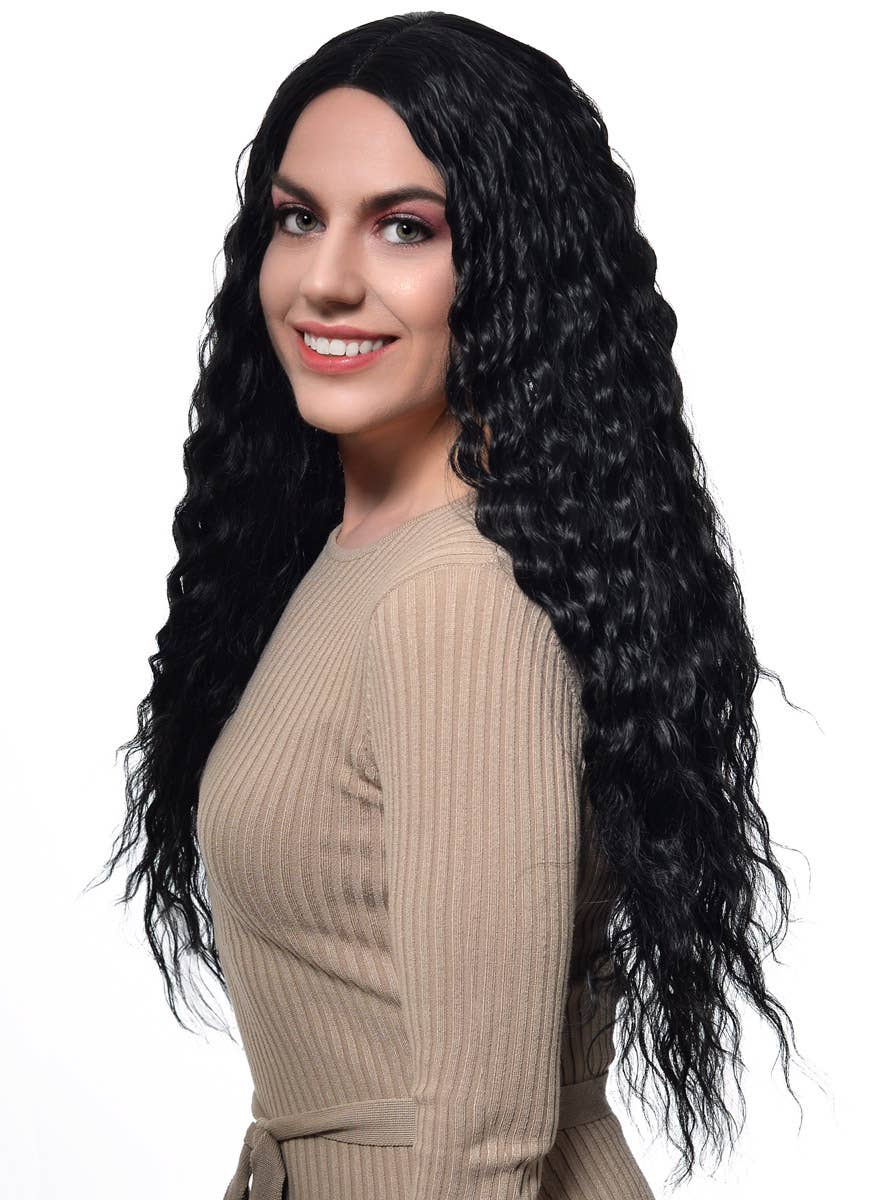 Women's Long Black Synthetic Fashion Wig with Tight Waves - Side Image