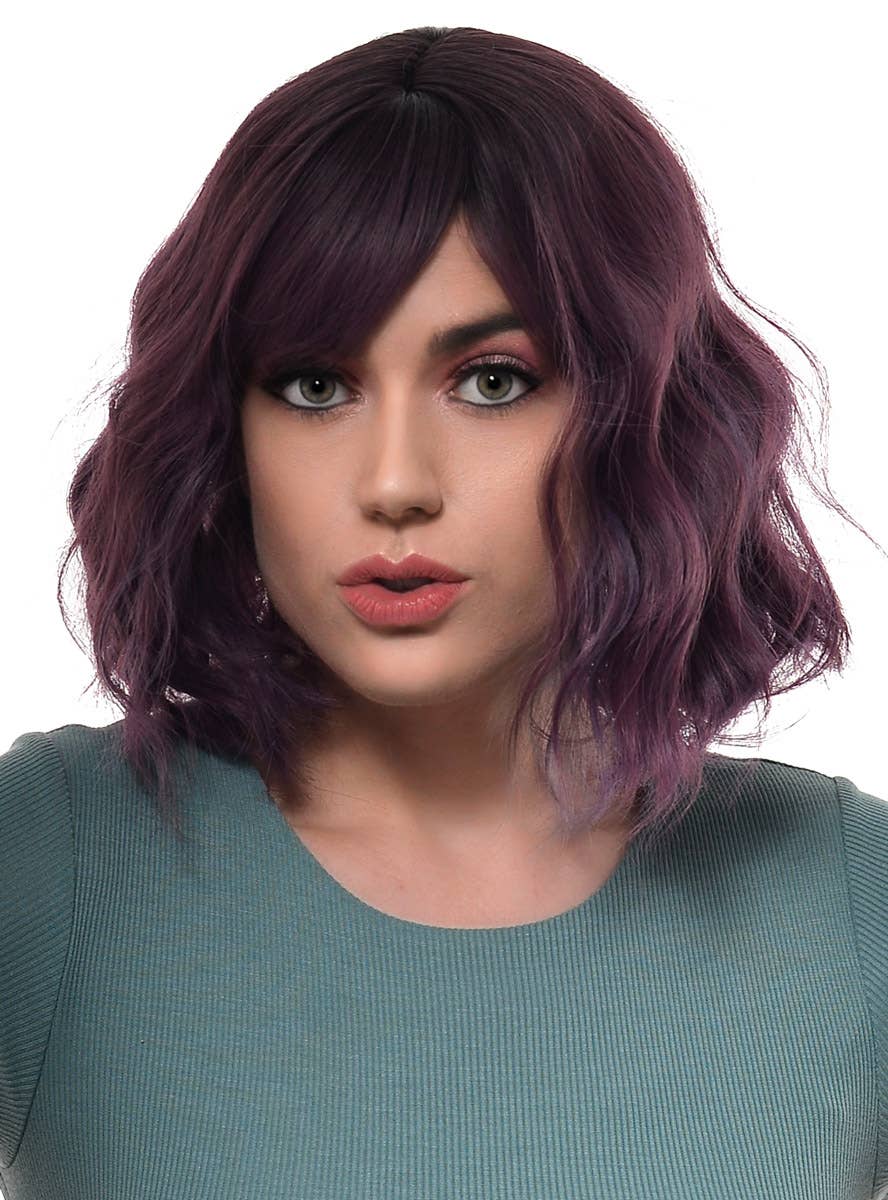 Women's Short Deep Purple Bob Wig with Loose Waves and Fringe - Alternate Front Image