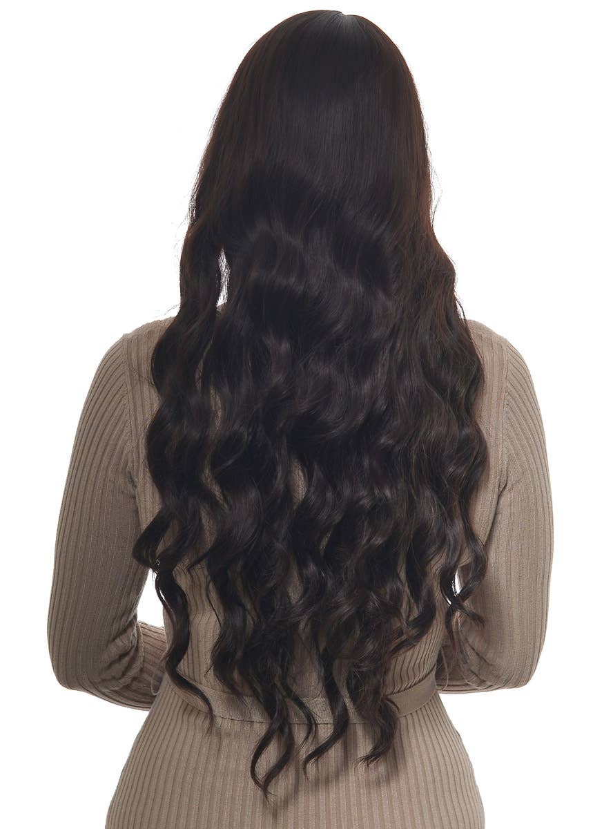Extra Long Womens Loose Waves Dark Brown Fashion Wig with Fringe and Skin Top - Back Image