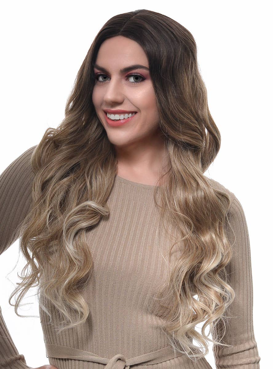 Women's Dark Brown to Light Blonde Ombre Curly Synthetic Fashion Wig with Lace Part - Side Image