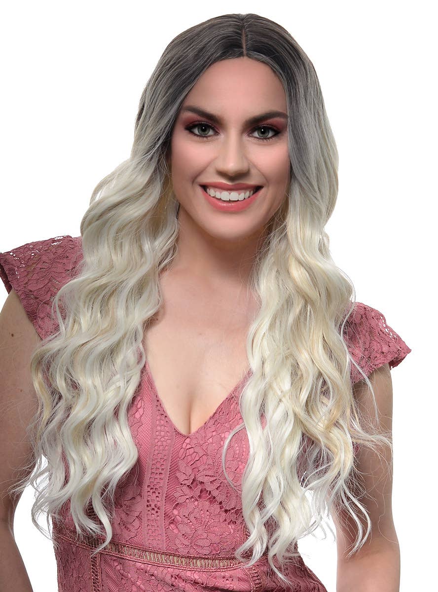 Women's Platinum Blonde Ombre Fashion Wig with Caramel Streaks and Lace Part - Front Image