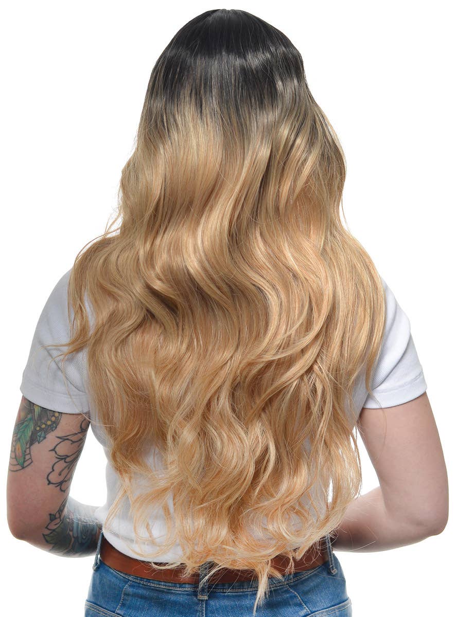 Women's Honey Blonde Rooted Curly Synthetic Fashion Wig with Lace Part - Back Image