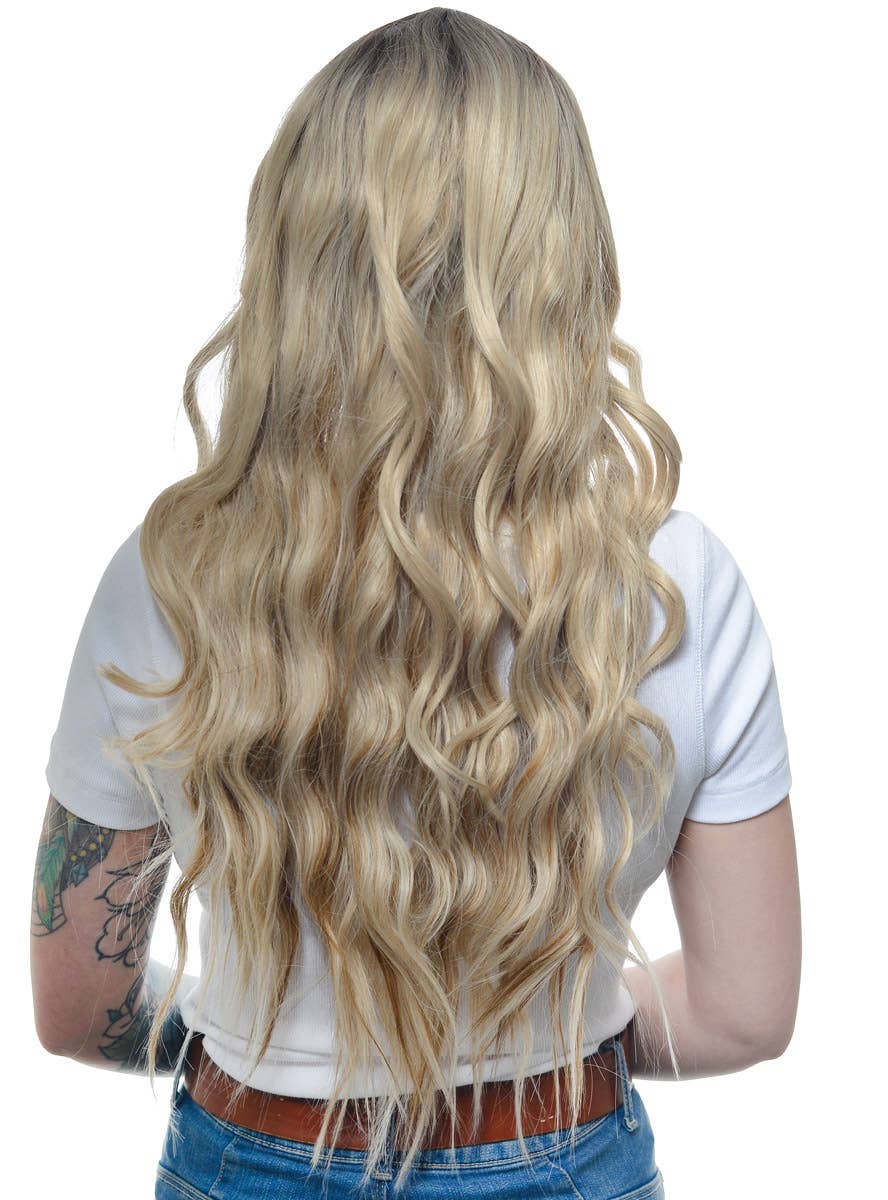 Two Tone Blonde Beachy Waves Womens Fashion Wig with Dark Roots and Lace Part - Back Image