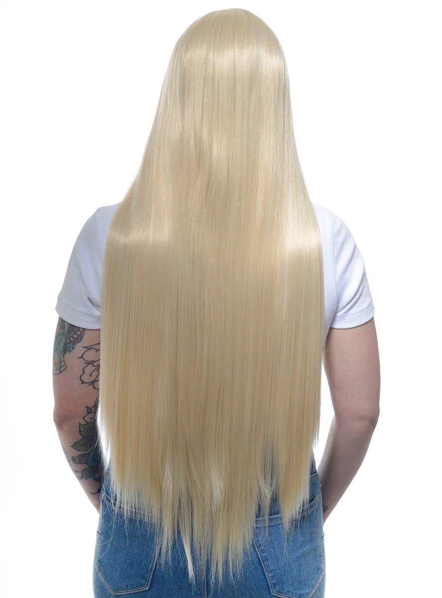 Bleach Blonde Women's Extra Long Synthetic Fashion Wig with Lace Part - Back Image