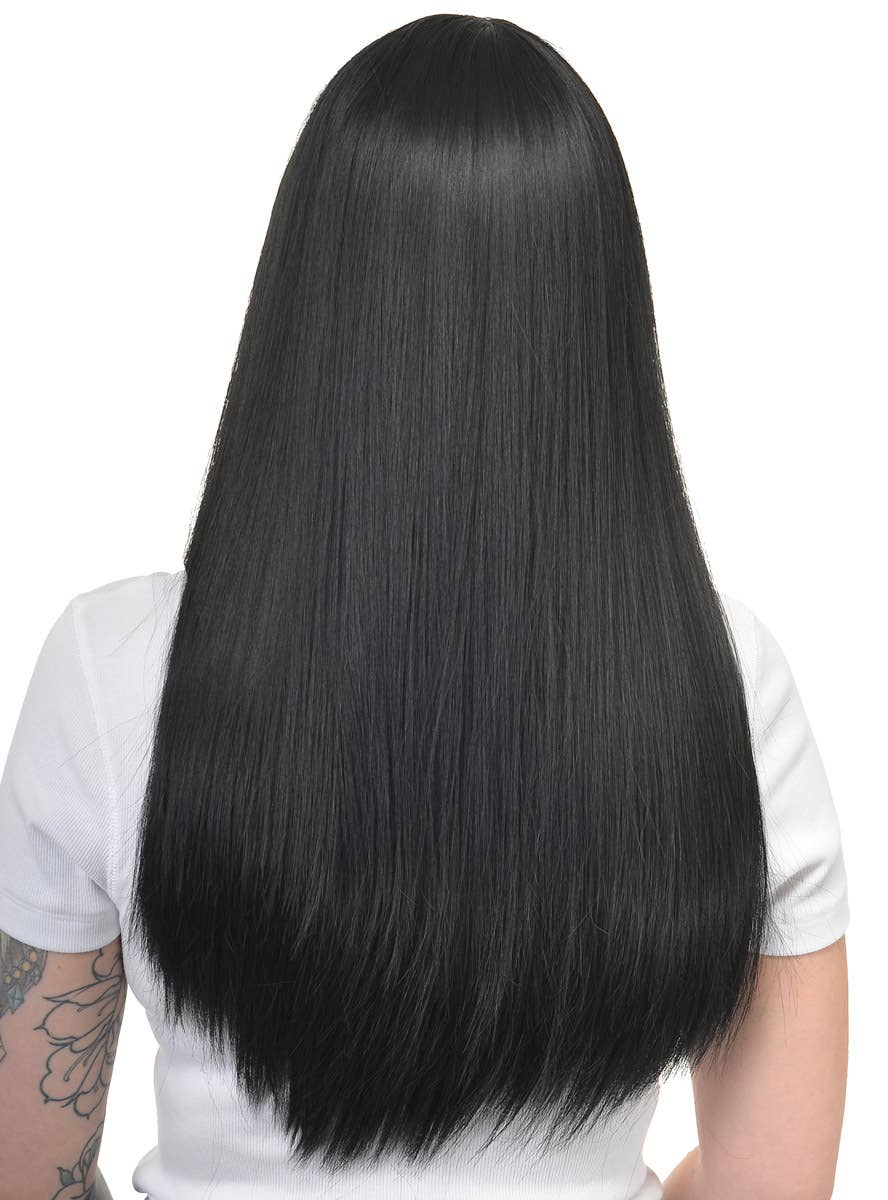 Womens Jet Black Long Straight Fashion Wig with Fringe and Skin Top - Back Image
