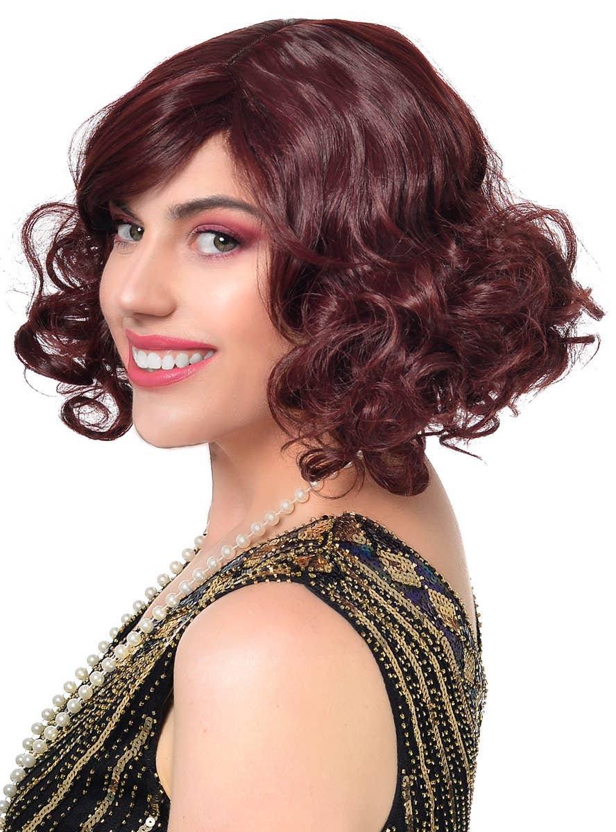 Womens Burgundy Red Curly 1920s Flapper Costume Wig - Side Image