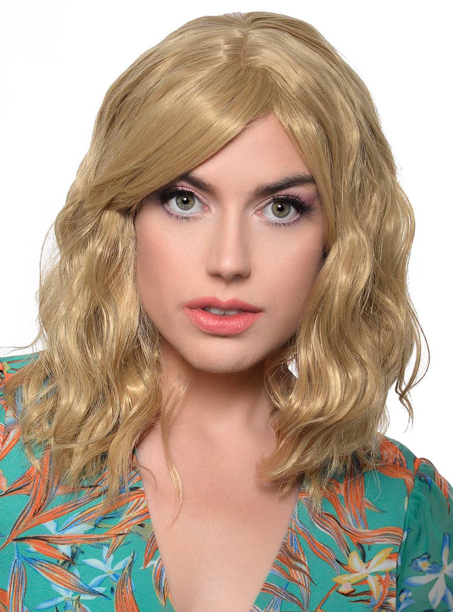 Deluxe Dark Blonde Mid-Length Wavy Fashion Wig for Women - Alt Front View