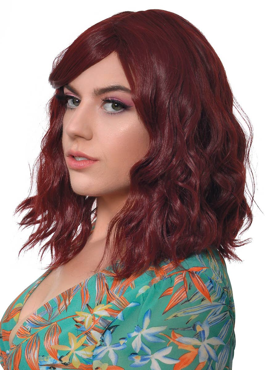 Deluxe Burgundy Mid-Length Wavy Fashion Wig for Women - Side View