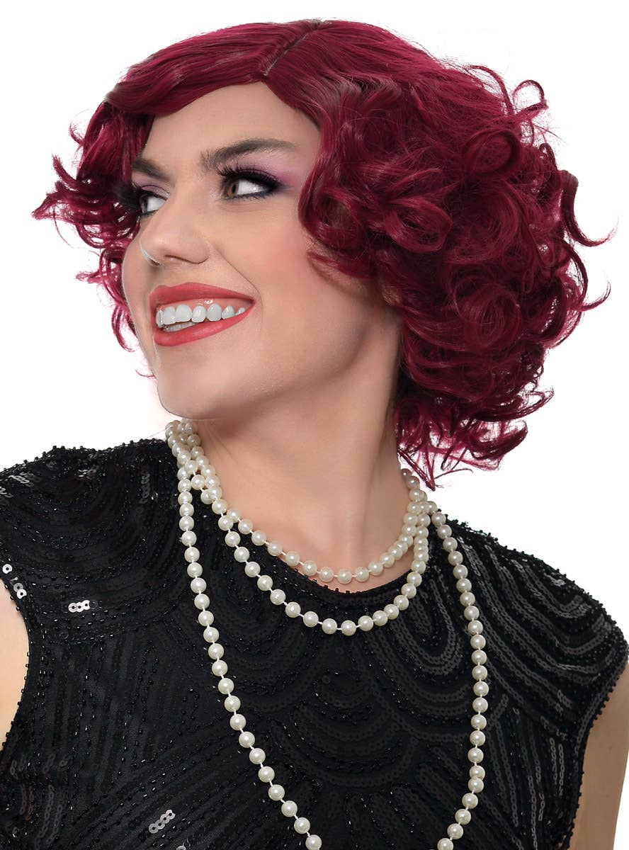 Extra Short Curly Burgundy Flapper Wig for Women - Side View