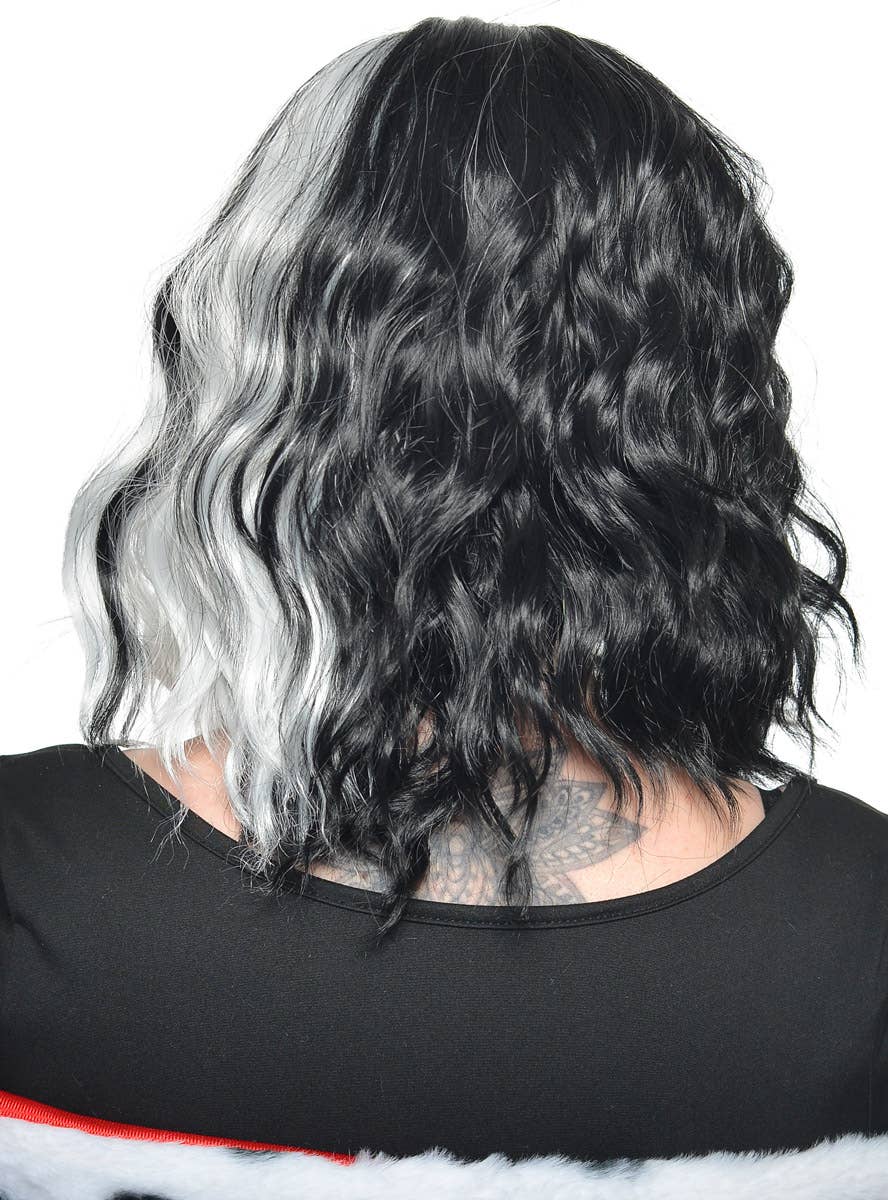 Mid-Length Wavy Black and White Split Colour Cruella De Vil Costume Wig with Skin Part - Back View