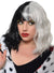 Wavy Mid-Length Black and White Split Colour Cruella Character Wig with Fringe - Front View