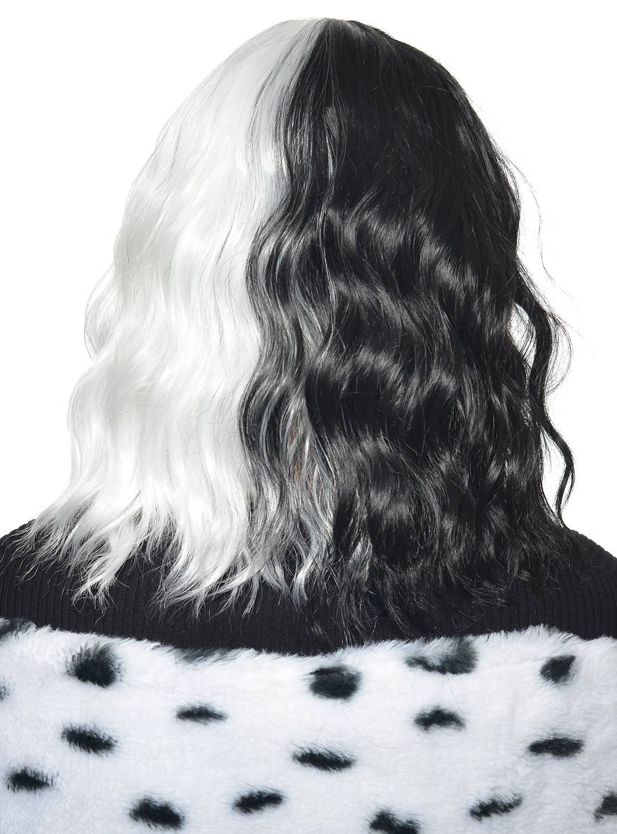 Wavy Mid-Length Black and White Split Colour Cruella Character Wig with Fringe - Back View