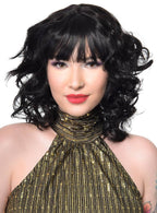 Womens Black 1970s Shag Style Curly Costume Wig - Front Image