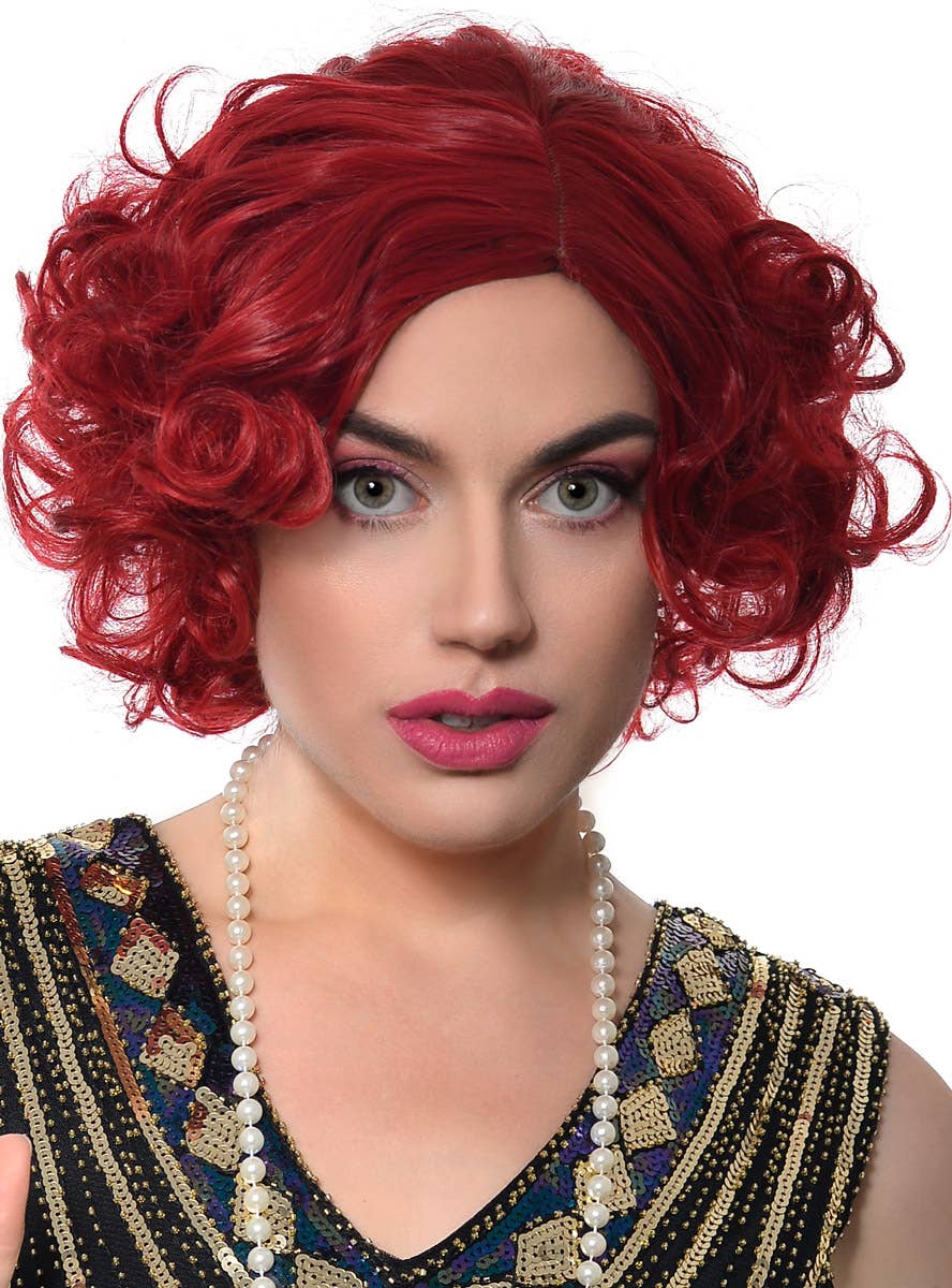 Womens Bright Red Curly 1920s Flapper Costume Wig - Front Image