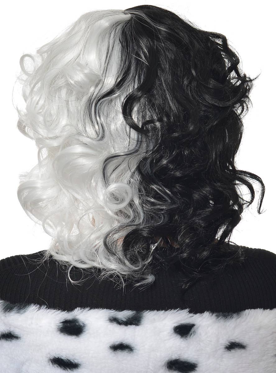 Curly Black and White Split Colour Cruella Costume Wig with Fringe - Back View
