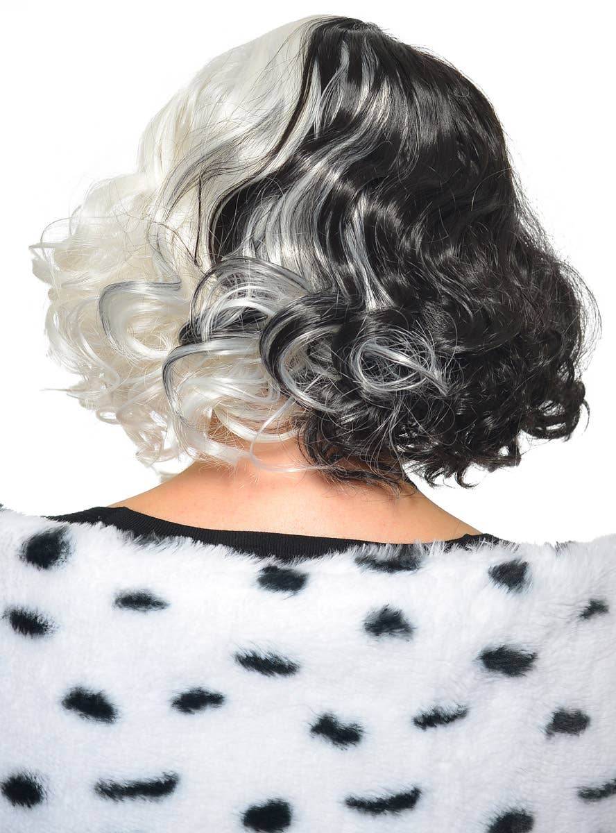 Short Curly Heat Resistant Black and White Split Colour Cruella Costume Wig with Fringe - Back View