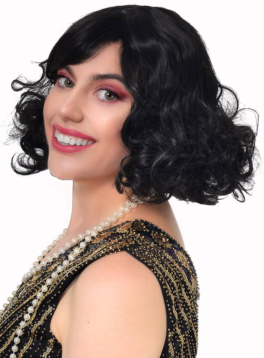 Womens Black Curly 1930s Movie Star Style Costume Wig - Side Image