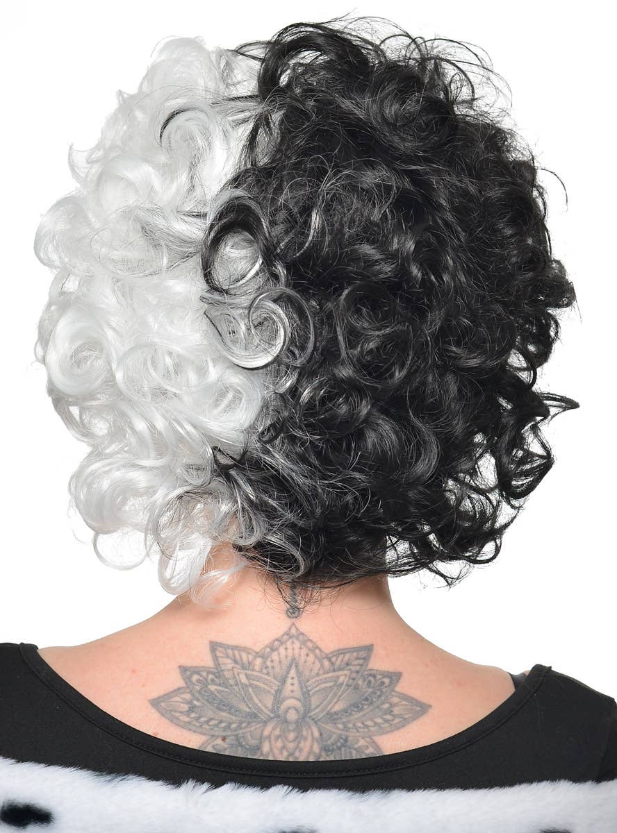 Extra Short Curly Black and White Split Colour Cruella Costume Wig - Back View