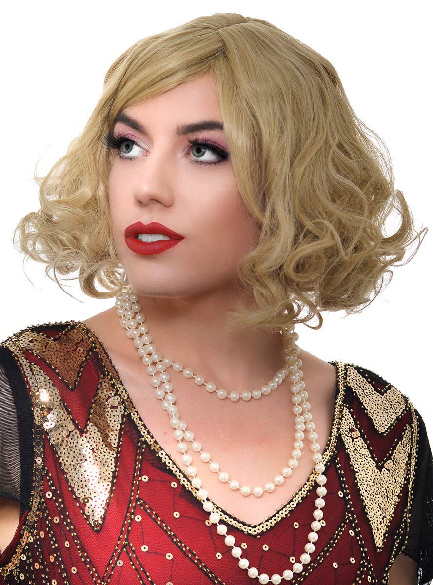Curly Dark Blonde Women's Flapper Costume Wig with Skin Top - Alt Front View