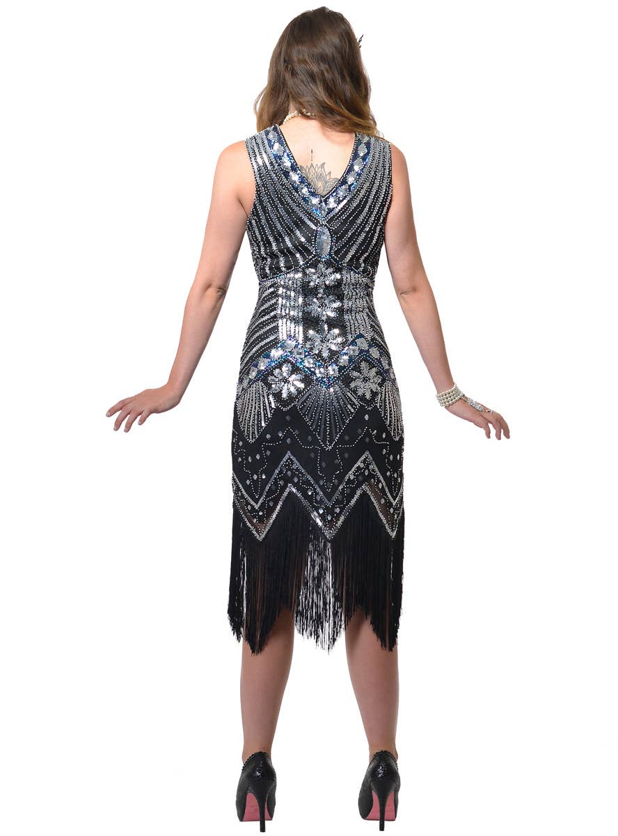 Deluxe Black and Silver Vintage 1920s Gatsby Costume for Women with Iridescent Sequin Details - Back Image