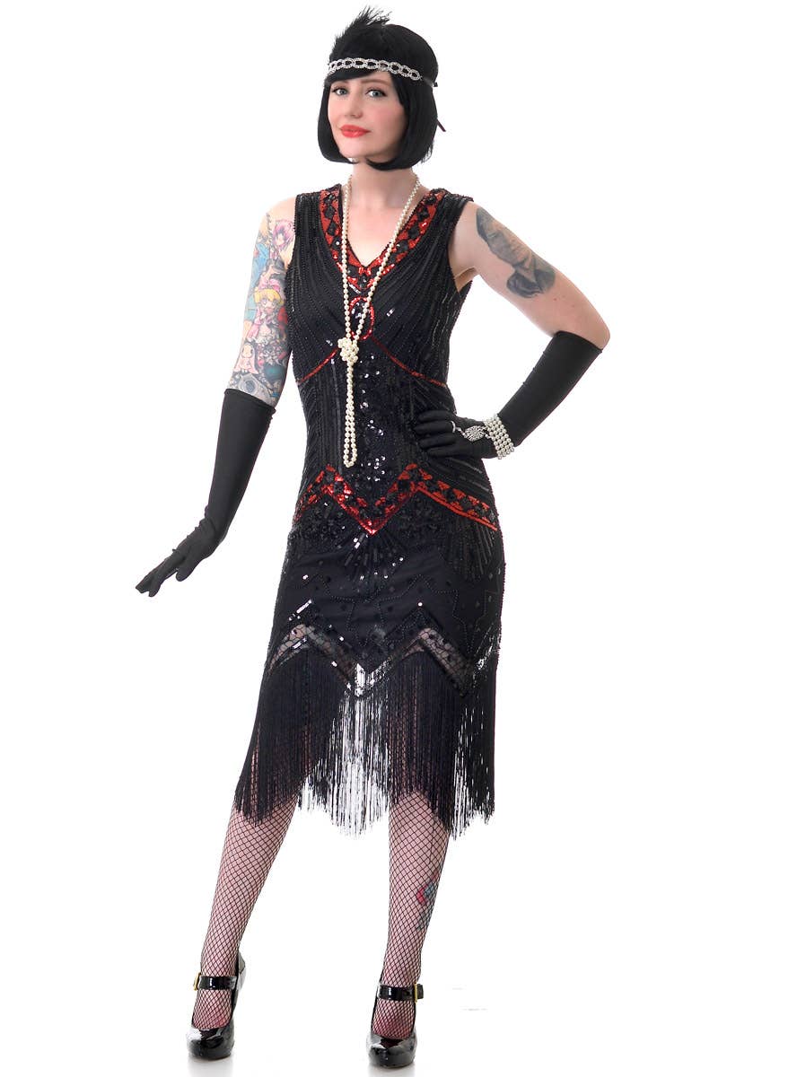 Women's Deluxe Black and Red Sequinned 1920s Gatsby Dress Costume - Main View