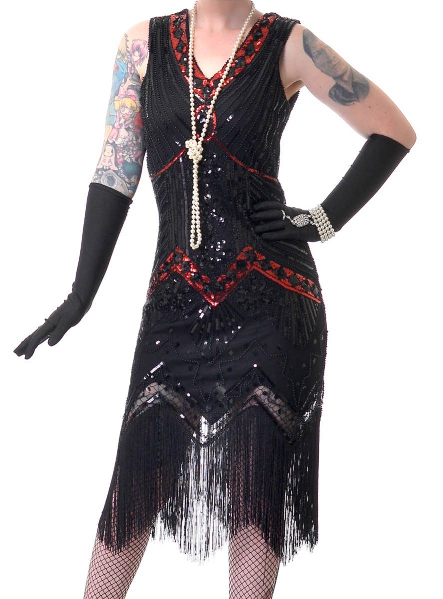 Women's Deluxe Plus Size Black and Red Sequinned 1920s Gatsby Dress Costume - Close View