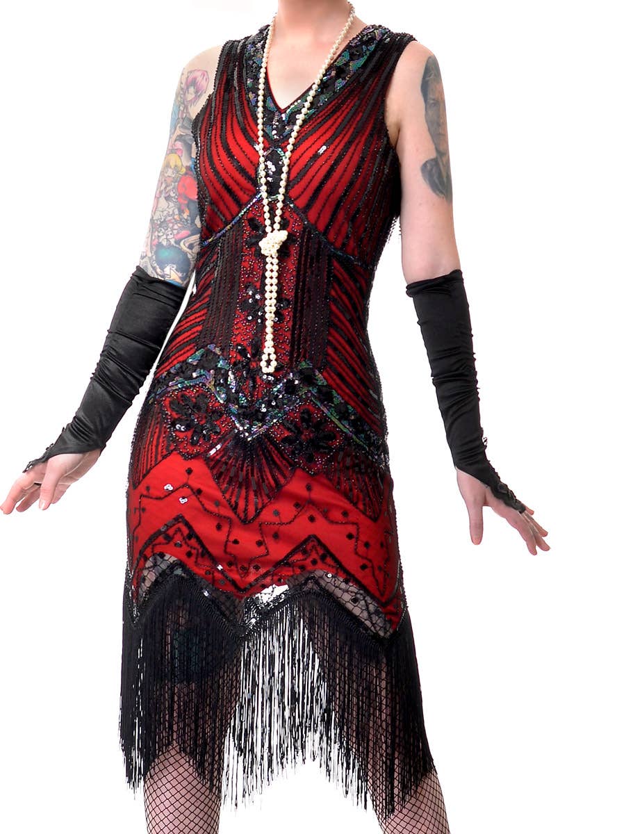 Plus Size Women's Deluxe Red and Black Iridescent Sequins Great Gatsby Dress Up Costume - Close View