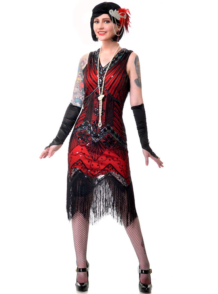 Plus Size Women's Deluxe Red and Black Iridescent Sequins Great Gatsby Dress Up Costume - Main View