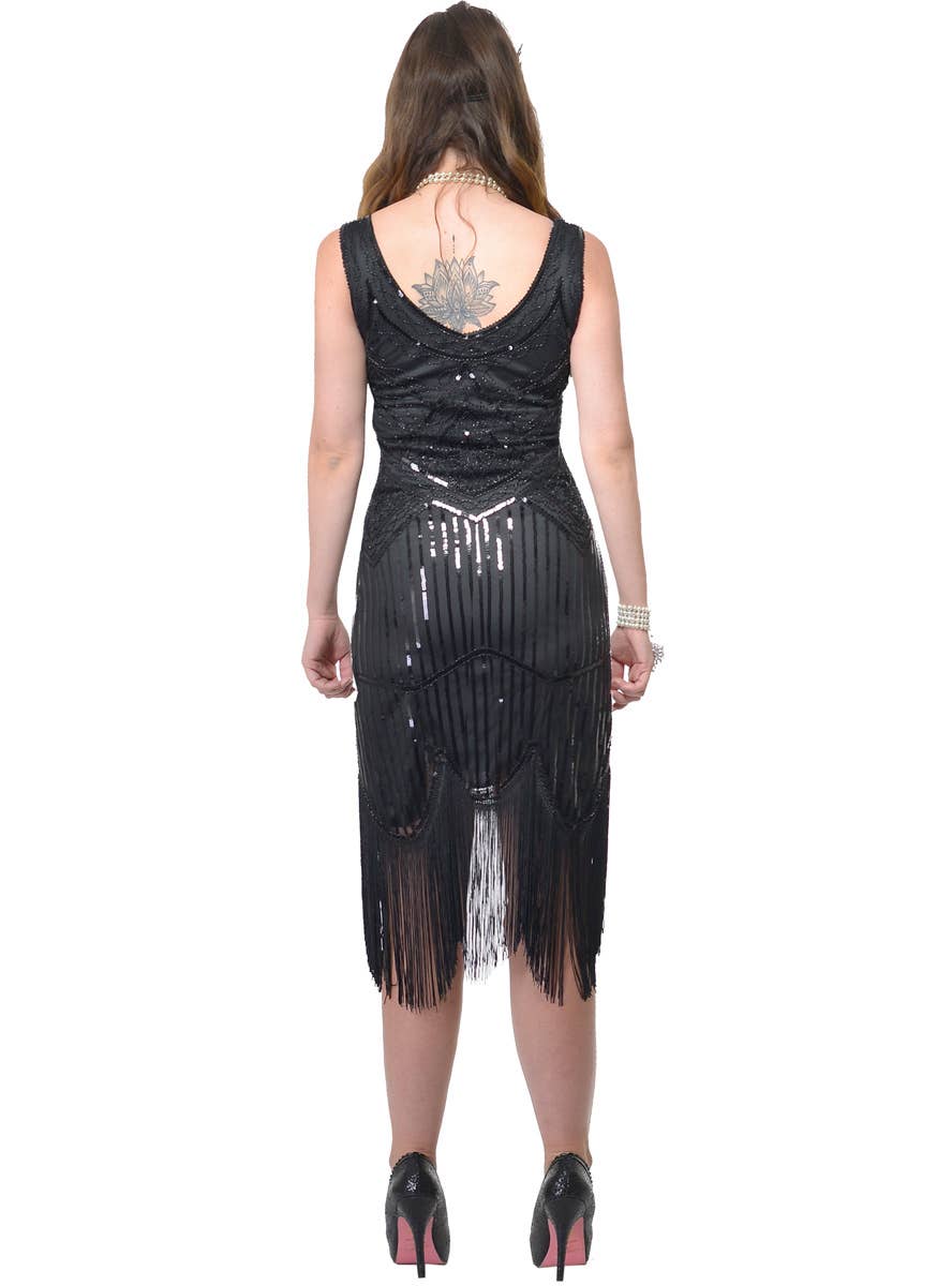 Dazzling Deluxe Black Sequin 1920's Gatsby Dress Costume for Women - BackImage