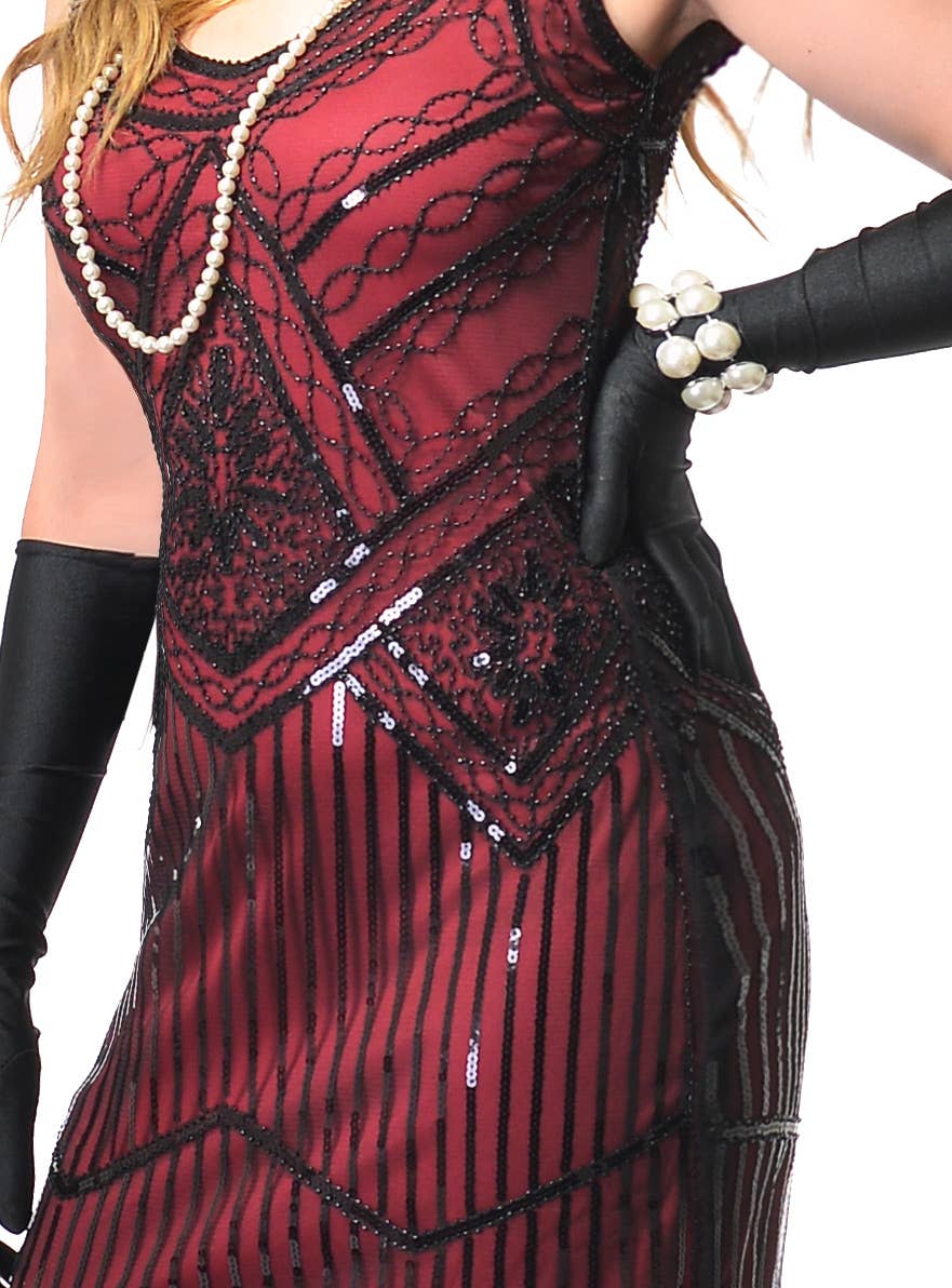 Deluxe Red and Black 1920s Gatsby Dress with Sequins and Fringing Close Up Bodice Image