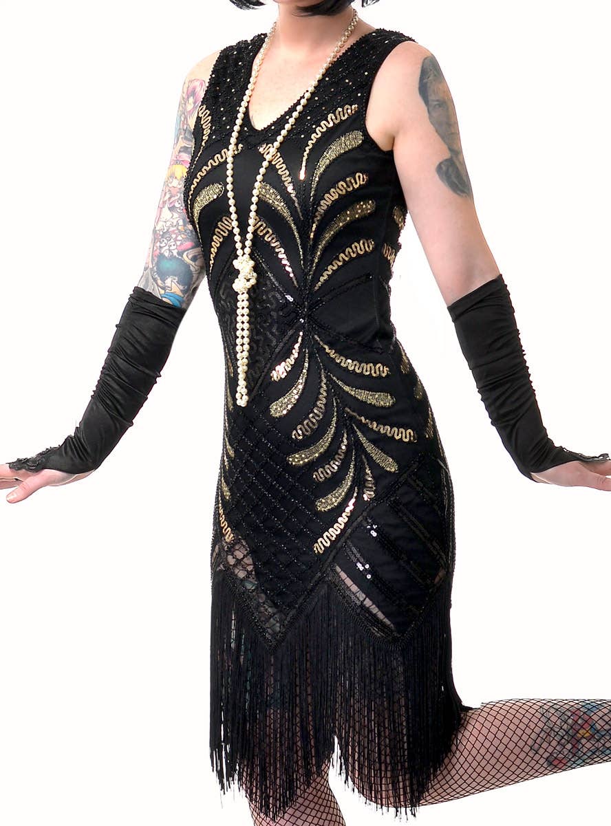 Plus Size Women's Deluxe Mid Length Black and Gold Gatsby Dress Up Costume - Close View