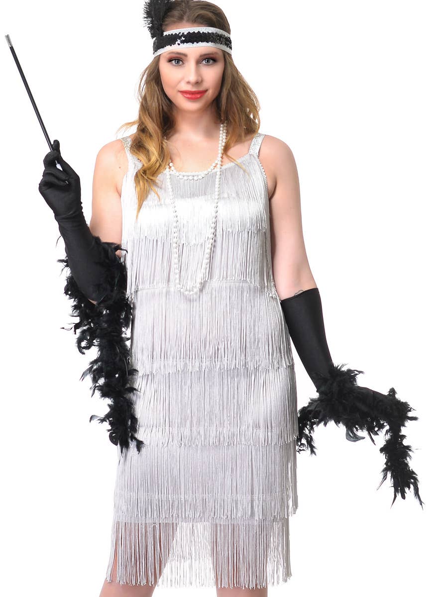 Women's 1920's Fringed Silver Flapper Costume Dress - Close Up Image