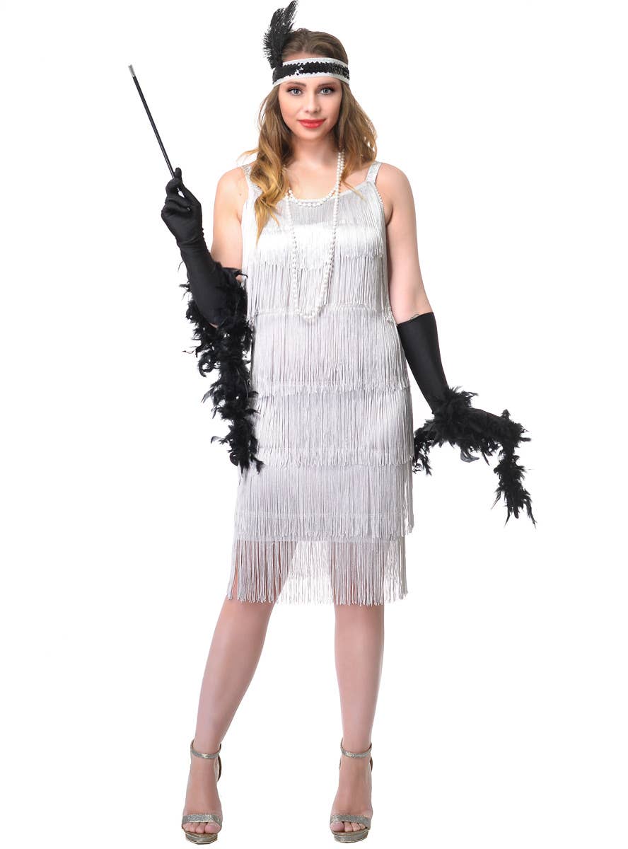 Women's 1920's Fringed Silver Flapper Costume Dress - Front Image