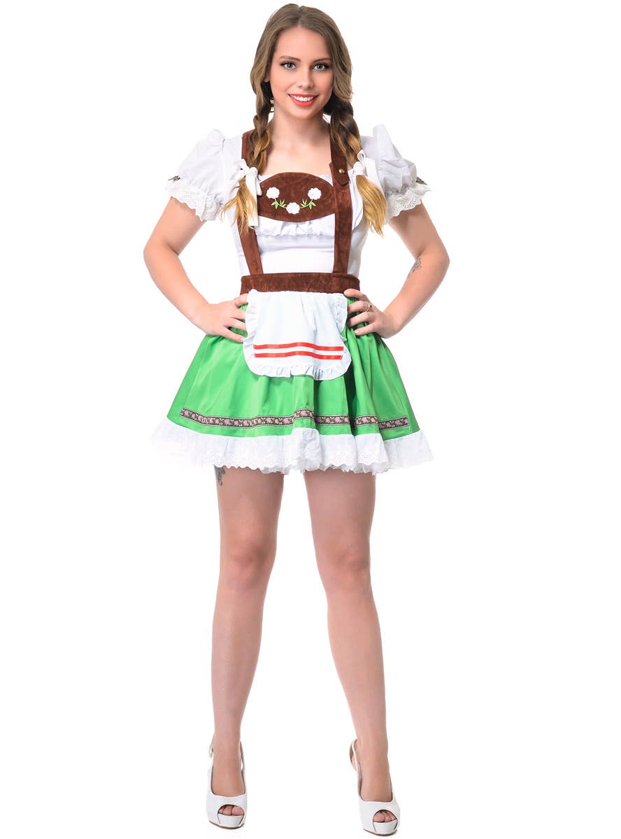 Bavarian Beer Wench Womens Short Green and White Oktoberfest Costume Dress Front Image