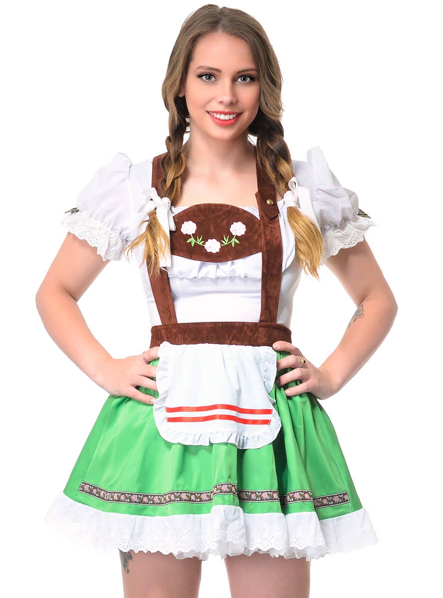 Women's Green and White Plus Size Beer Girl Costume Close Front Image