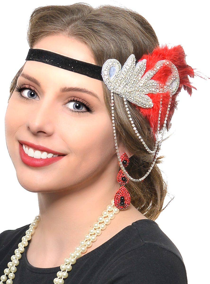 Red Feather with Silver Chain Headband, Cigarette Holder, Earrings, Gloves and Beads 5 Piece Flapper Set - Alternative Image 2