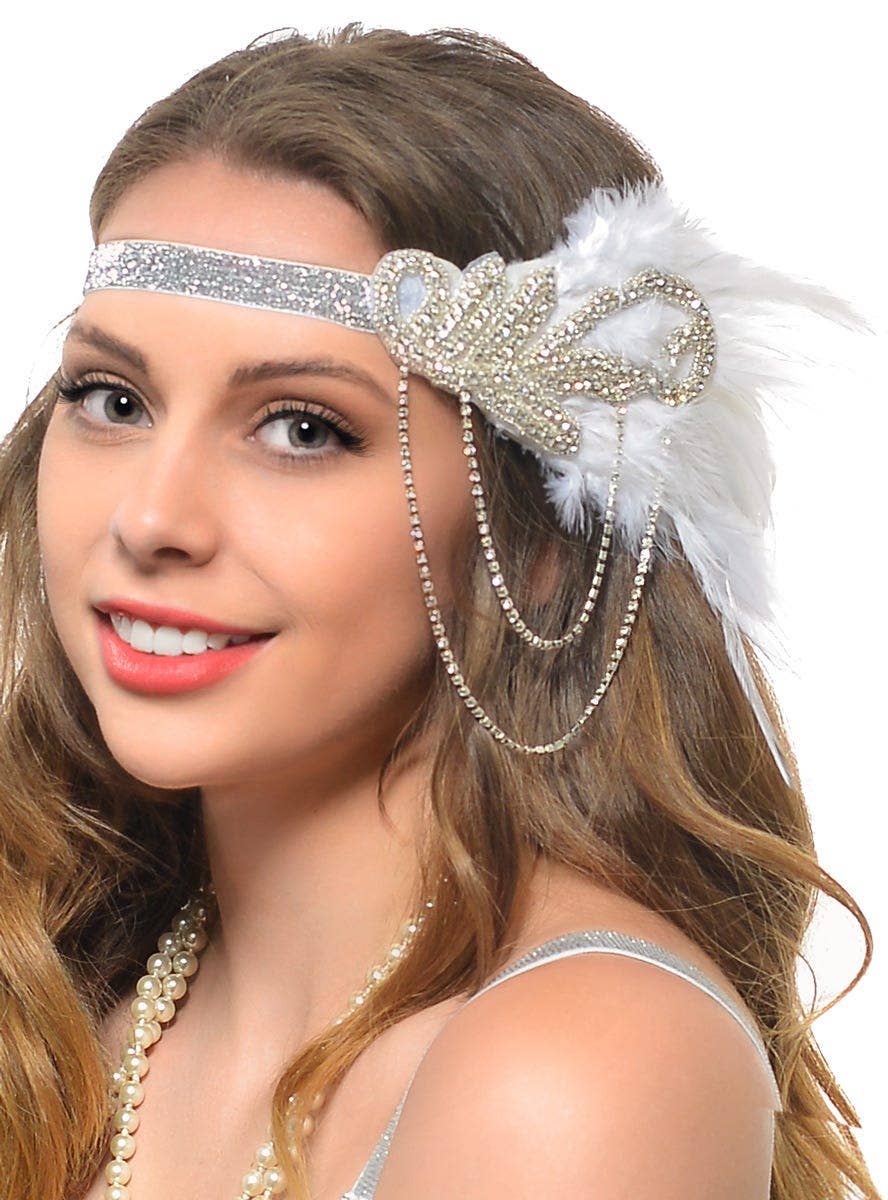 Silver and White Chain Gatsby Headband, Cigarette Holder, Beads and Gloves 4 Piece Gatsby Set - Alternative Image 2