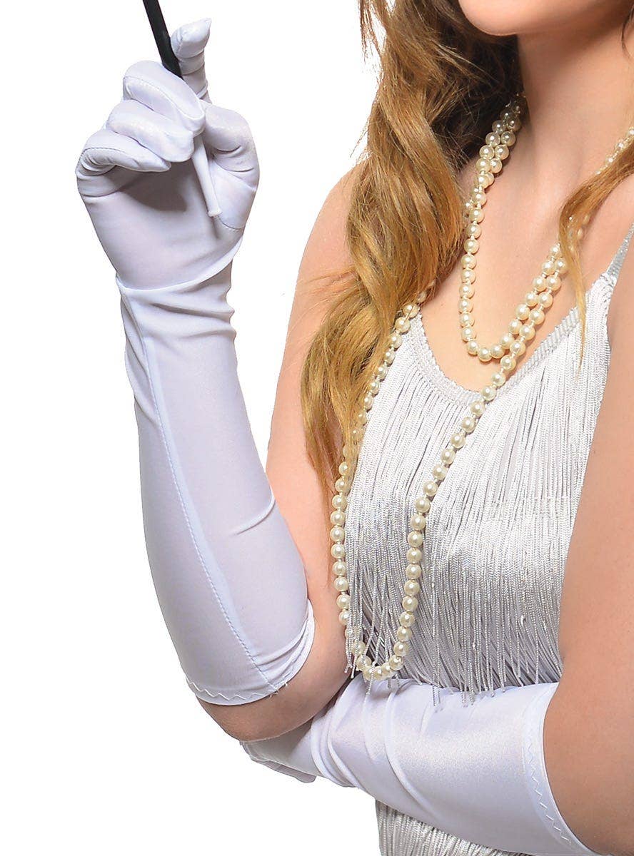 Silver and White Chain Gatsby Headband, Cigarette Holder, Beads and Gloves 4 Piece Gatsby Set - Alternative Image 3