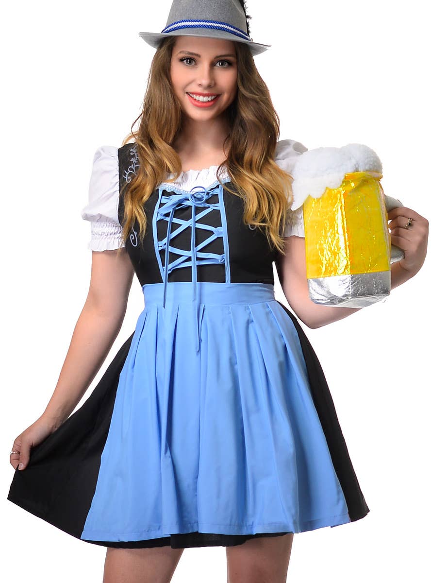Blue and Black Mid Length Women's Beer Wench Oktoberfest Costume Close Up Image
