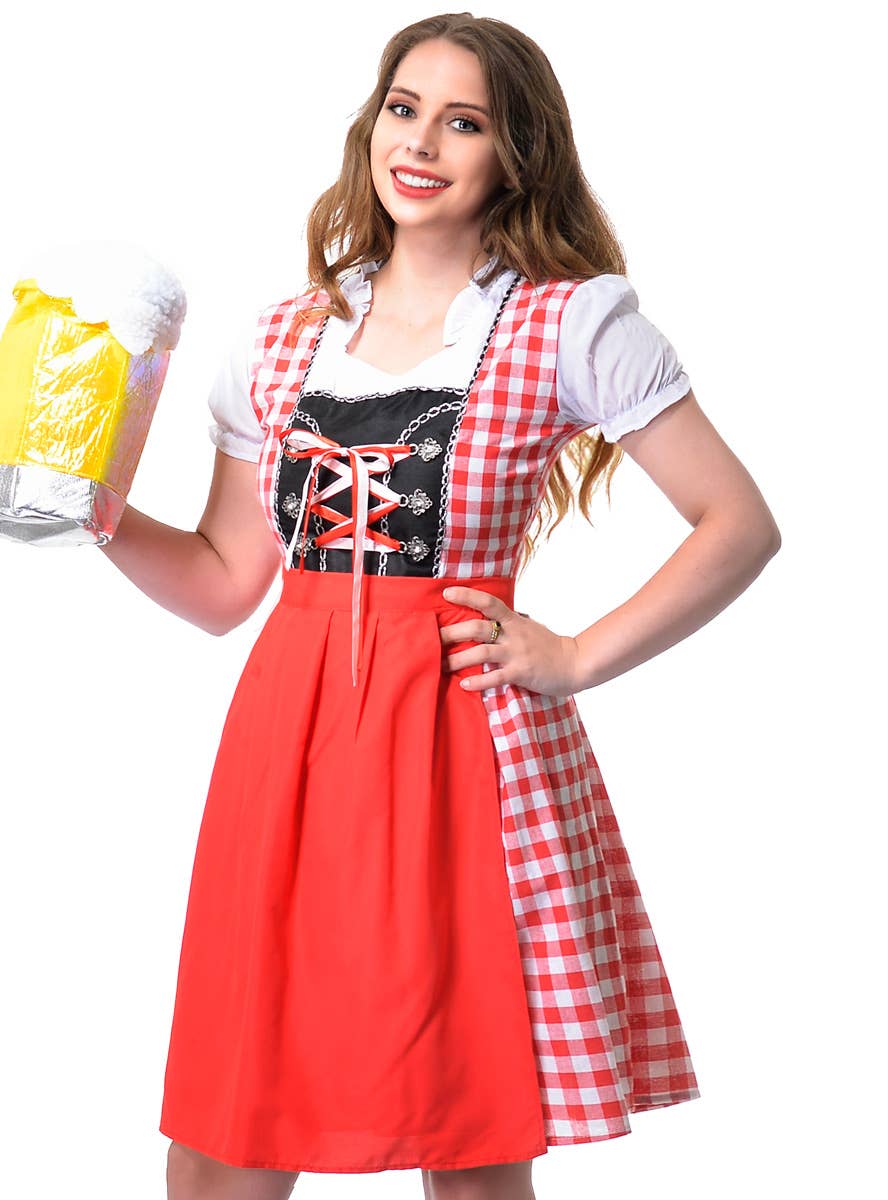 Red and White Checkered Women's Beer Wench Oktoberfest Costume Close Up Image