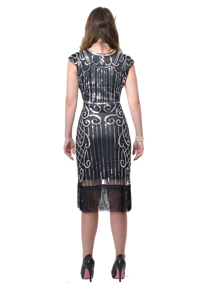 Deluxe 1920s Black and Silver Sequin Vintage Gatsby Dress Costume for Women - Back Image