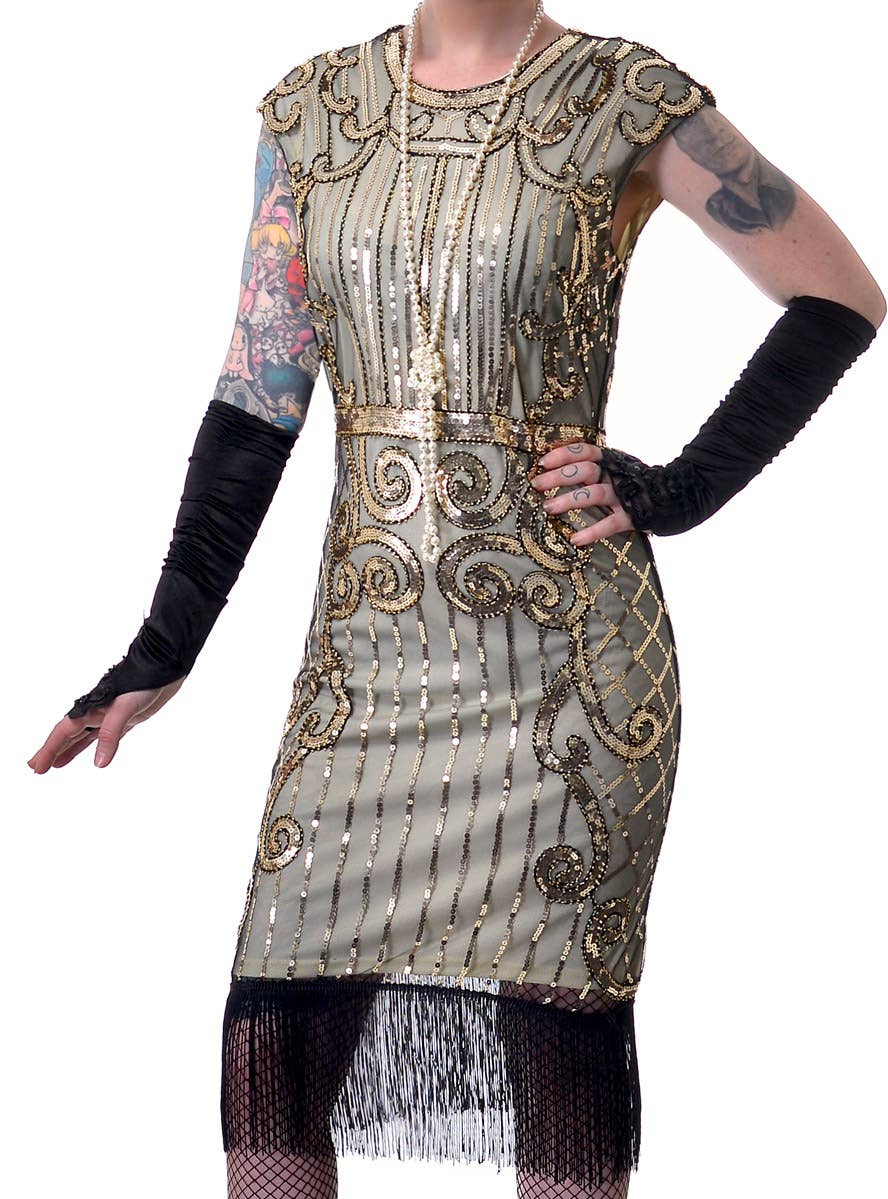 Ritzy Gatsby Women's Nude and Gold 1920's Flapper Fancy Dress Costume - Close View